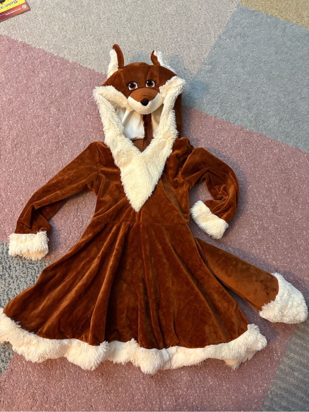 Brown Plush Fox Hooded Kids Costume Dress with Faux Fur Trim